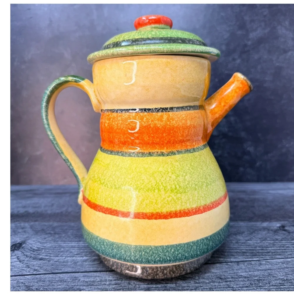 Italica Ars Teapot Vintage Hand Painted Ceramic Striped Italy 8in Face Whimsical